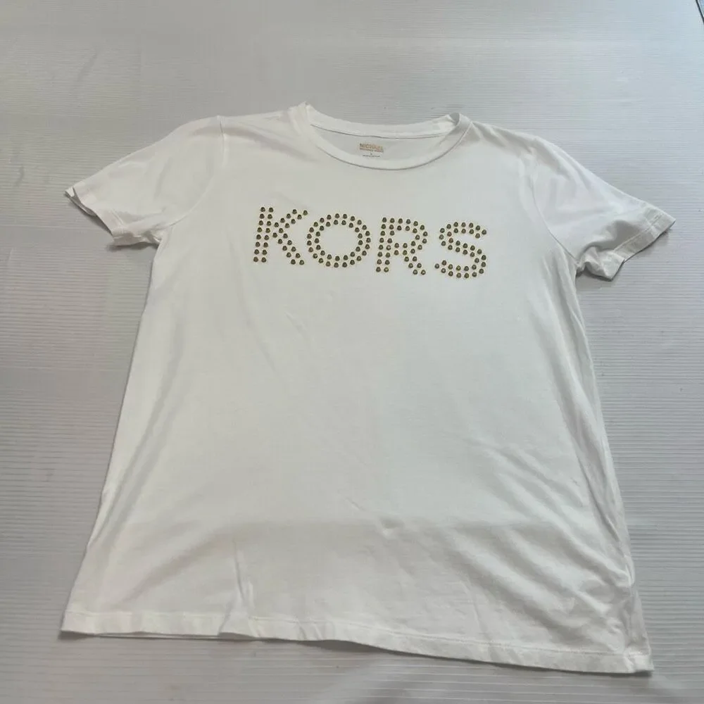 Michael Kors White Gold Logo Studded Short Sleeve T-Shirt Size Small